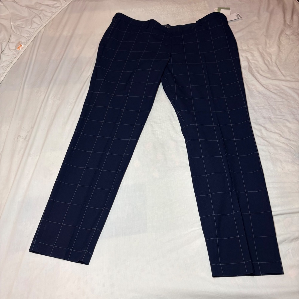 H&M New Slim Fit Windowpane Check Dress Pants Navy Blue 4-Way Stretch Size 42 - Picture 2 of 9